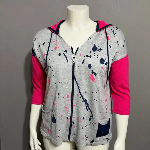 SOLD❌❌❌ Angel Gray Paint Splatter With Pink Sleeve Zip Up Cardigan Sz-Medium - Picture 2 of 9